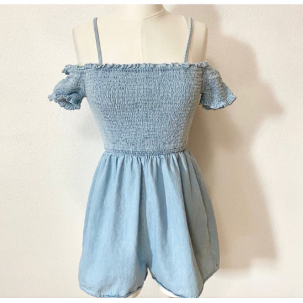 Love Tree Romper Light Blue Chambray Smoked Off Shoulder